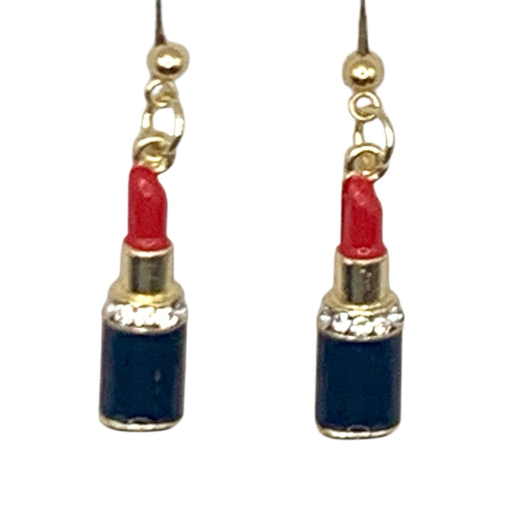 Lipstick Gold, Red, & Black With Crystals Stud Dangle Earrings